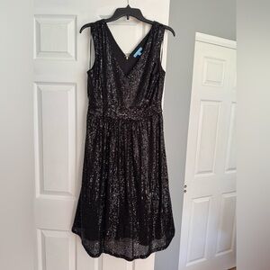 Draper James Black Sequin V-Neck Midi Dress